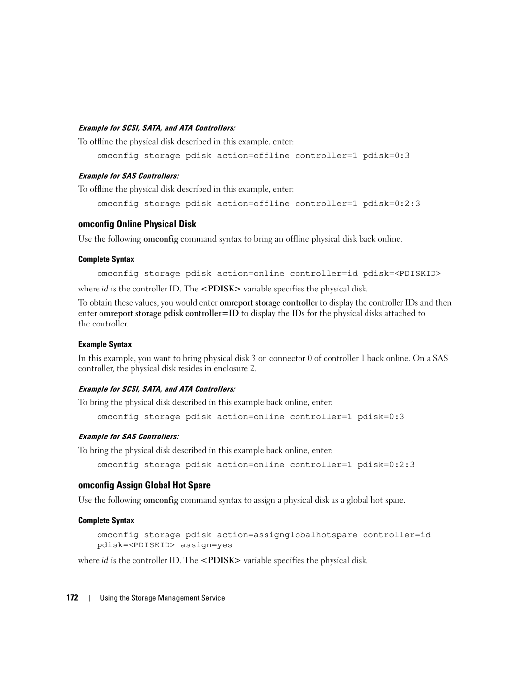 Dell Command Line Interface manual Omconfig Online Physical Disk, Omconfig Assign Global Hot Spare, 172 