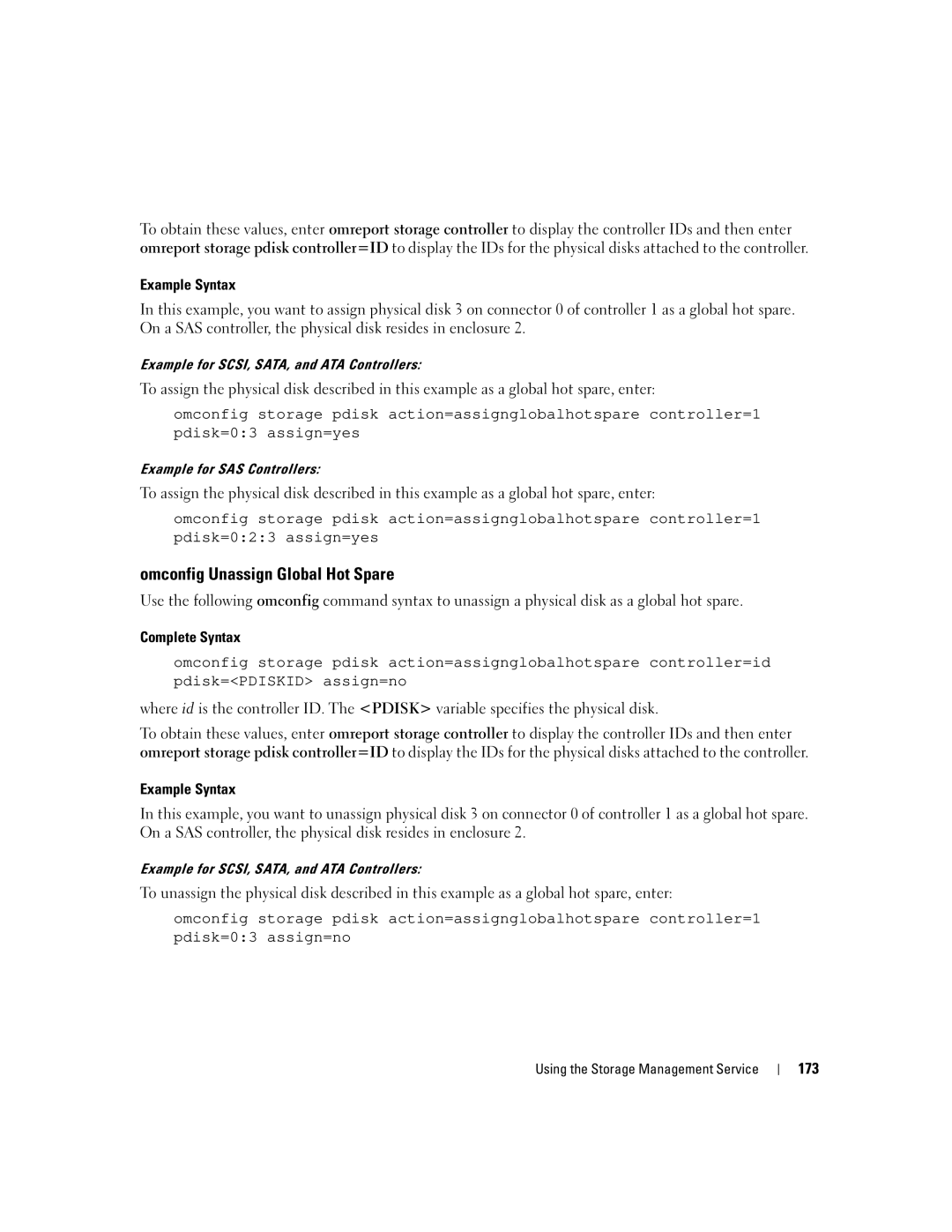 Dell Command Line Interface manual Omconfig Unassign Global Hot Spare, 173 