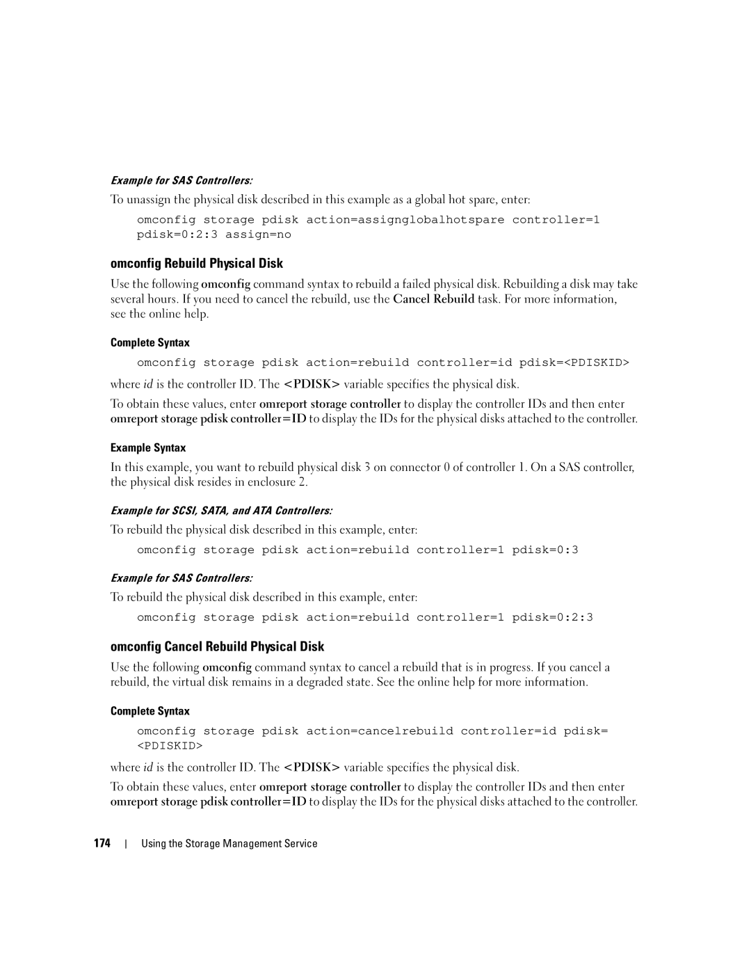 Dell Command Line Interface manual Omconfig Rebuild Physical Disk, Omconfig Cancel Rebuild Physical Disk, 174 