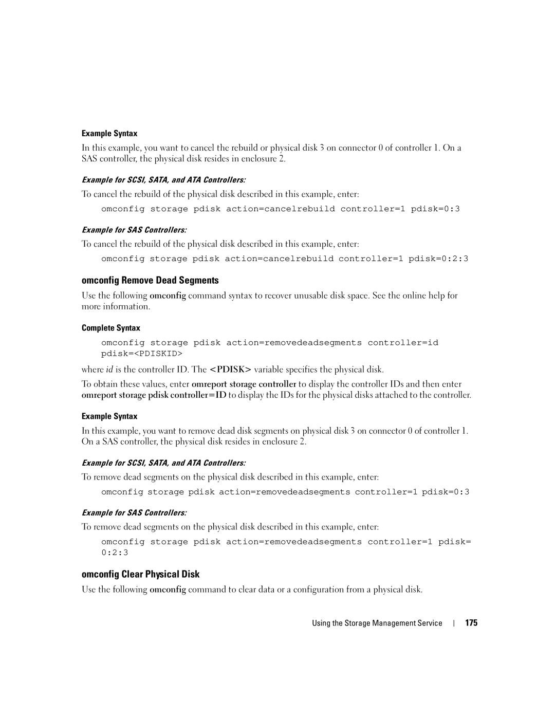 Dell Command Line Interface manual Omconfig Remove Dead Segments, Omconfig Clear Physical Disk, 175 