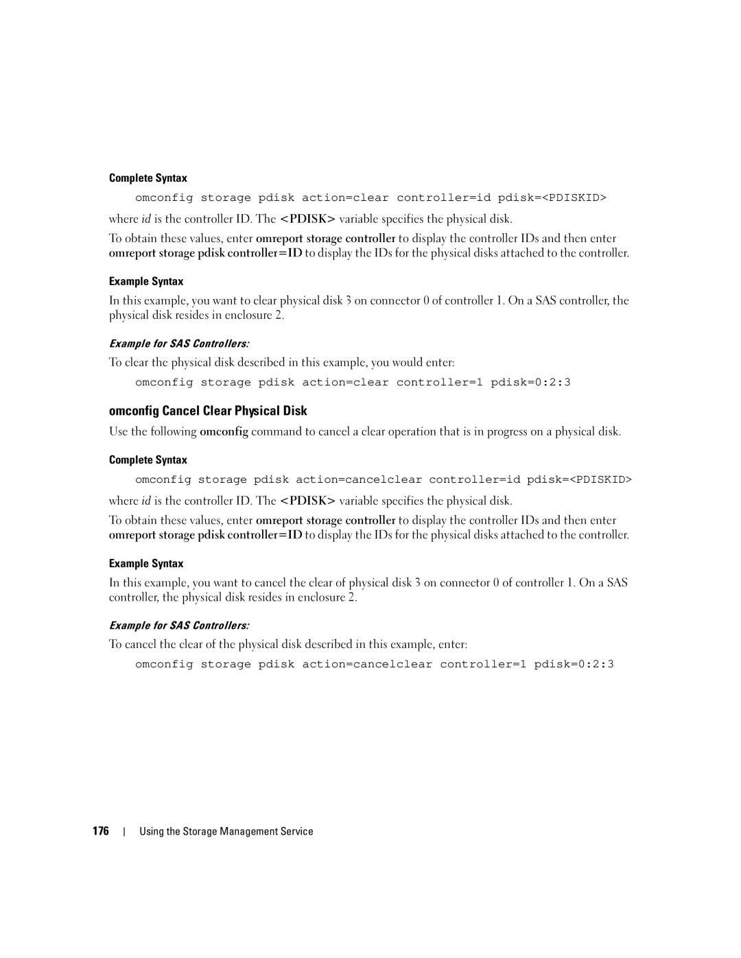 Dell Command Line Interface manual Omconfig Cancel Clear Physical Disk, 176 