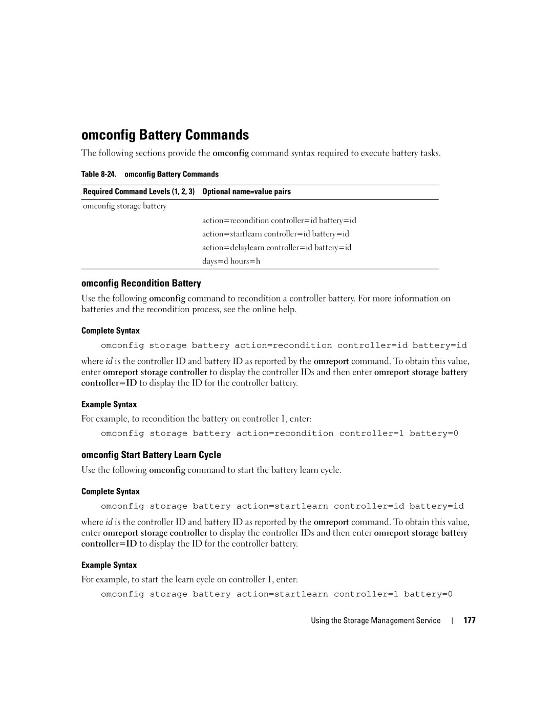 Dell Command Line Interface Omconfig Battery Commands, Omconfig Recondition Battery, Omconfig Start Battery Learn Cycle 