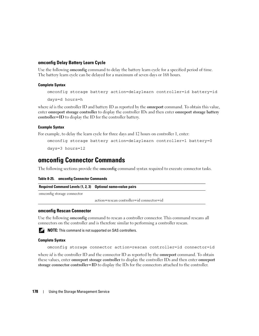 Dell Command Line Interface Omconfig Connector Commands, Omconfig Delay Battery Learn Cycle, Omconfig Rescan Connector 