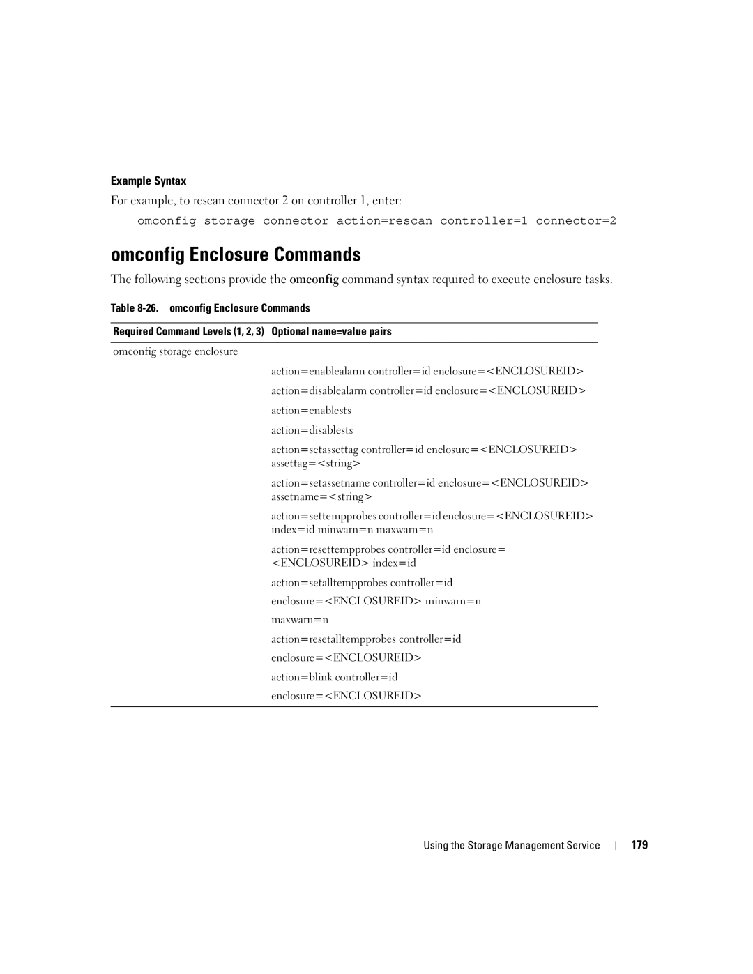 Dell Command Line Interface manual Omconfig Enclosure Commands, 179 