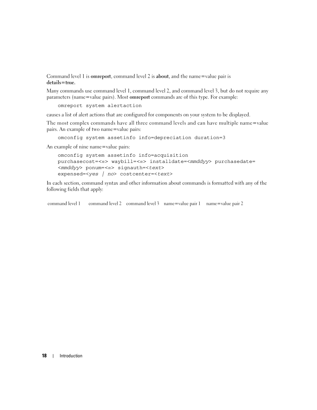 Dell Command Line Interface manual An example of nine name=value pairs 