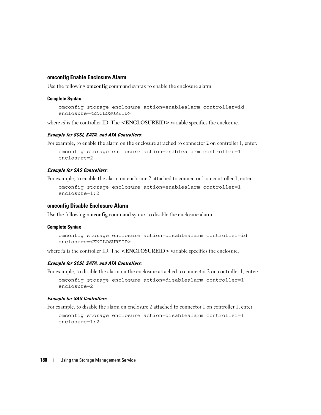 Dell Command Line Interface manual Omconfig Enable Enclosure Alarm, Omconfig Disable Enclosure Alarm, 180 