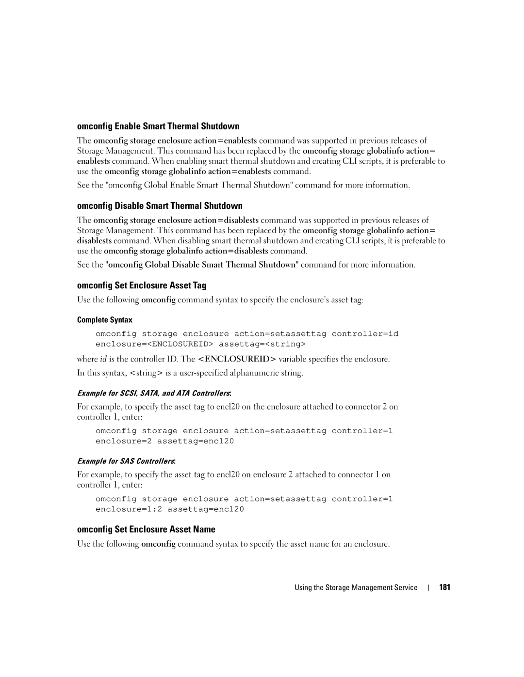 Dell Command Line Interface manual Omconfig Enable Smart Thermal Shutdown, Omconfig Disable Smart Thermal Shutdown, 181 