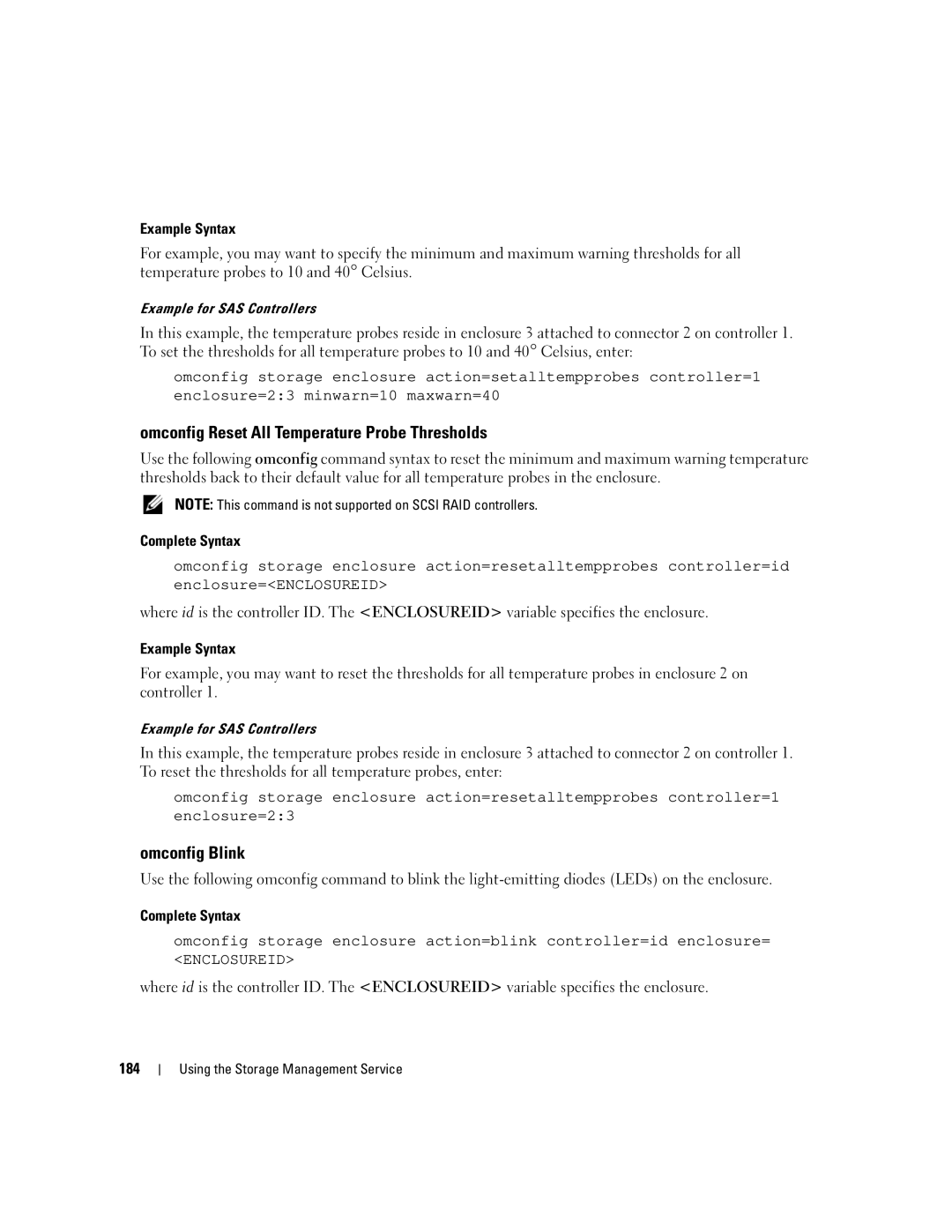 Dell Command Line Interface manual Omconfig Reset All Temperature Probe Thresholds, Omconfig Blink, 184 