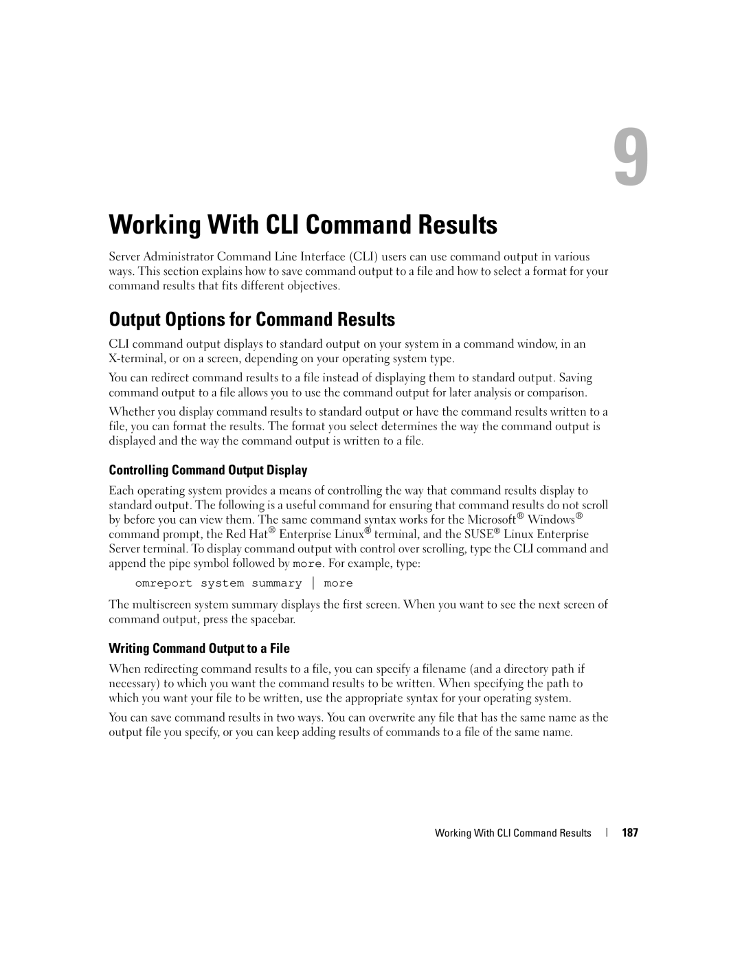 Dell Command Line Interface manual Output Options for Command Results, Controlling Command Output Display, 187 