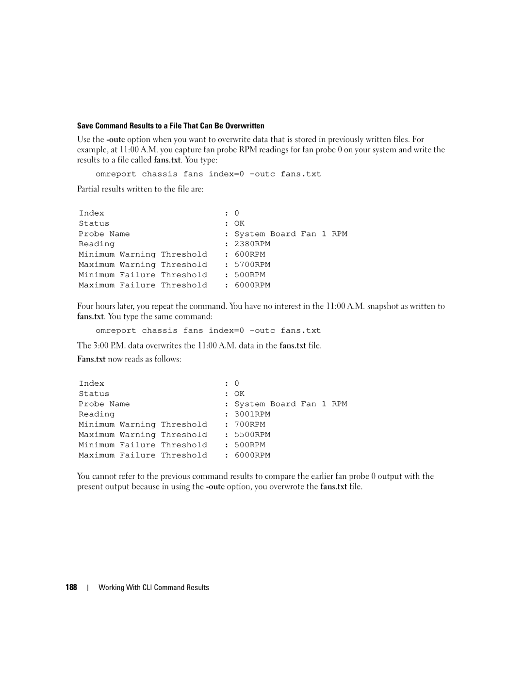 Dell Command Line Interface manual Save Command Results to a File That Can Be Overwritten, 188 