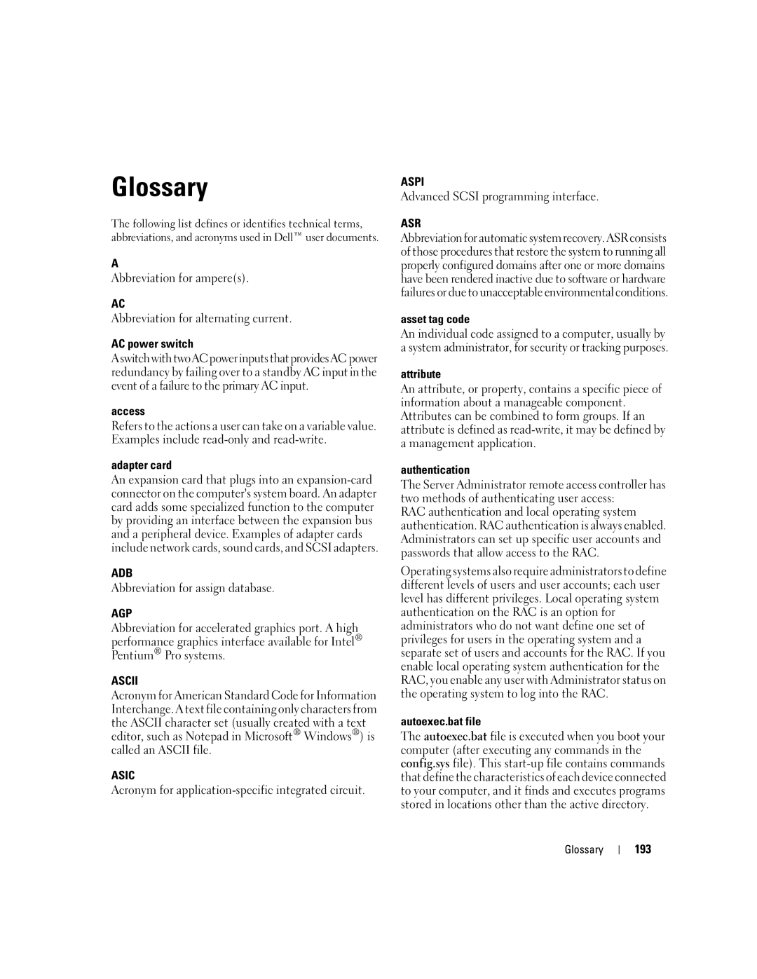 Dell Command Line Interface manual Adb, Agp, Ascii, Asic, Aspi, Asr 