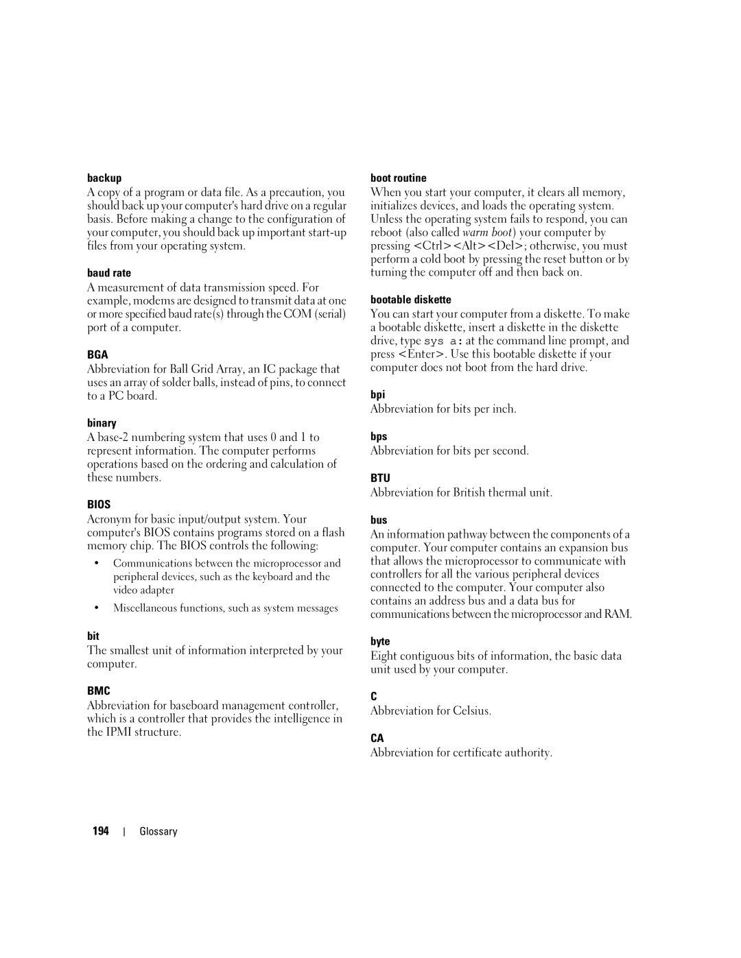 Dell Command Line Interface manual Bga, Bios, Bmc, Btu 