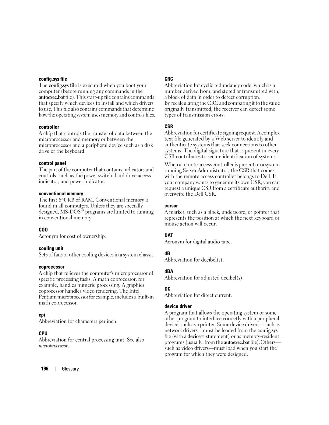 Dell Command Line Interface manual Coo, Cpu, Crc, Csr, Dat 