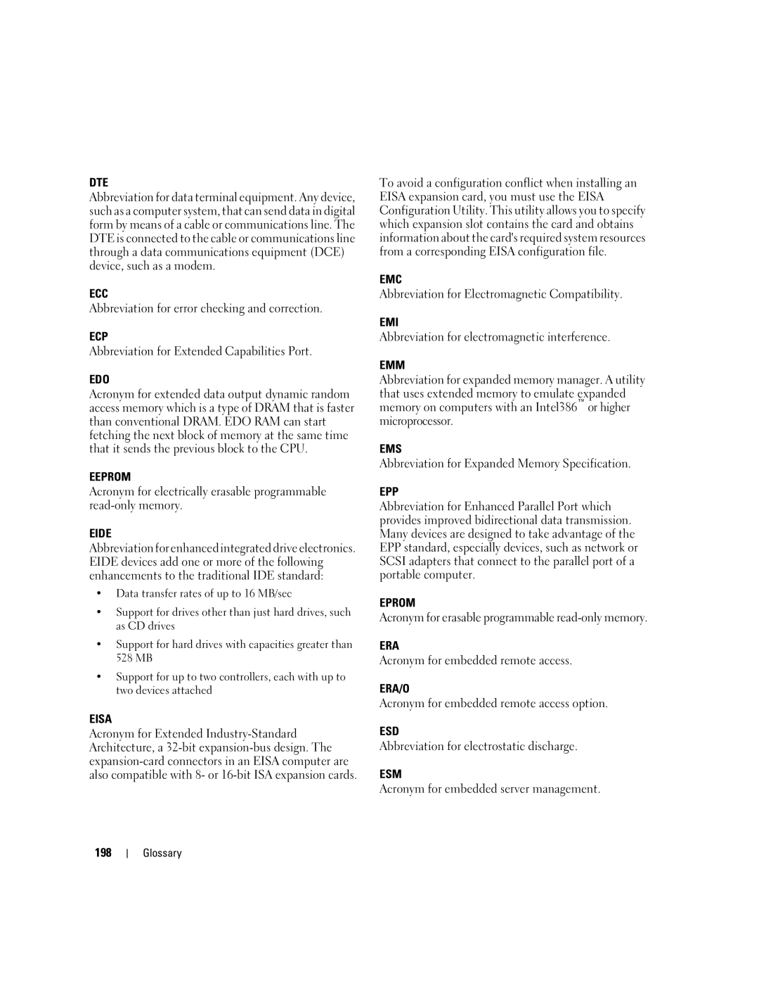 Dell Command Line Interface Dte, Ecc, Ecp, Edo, Eeprom, Eide, Eisa, Emc, Emi, Emm, Ems, Epp, Eprom, Era/O, Esd, Esm 