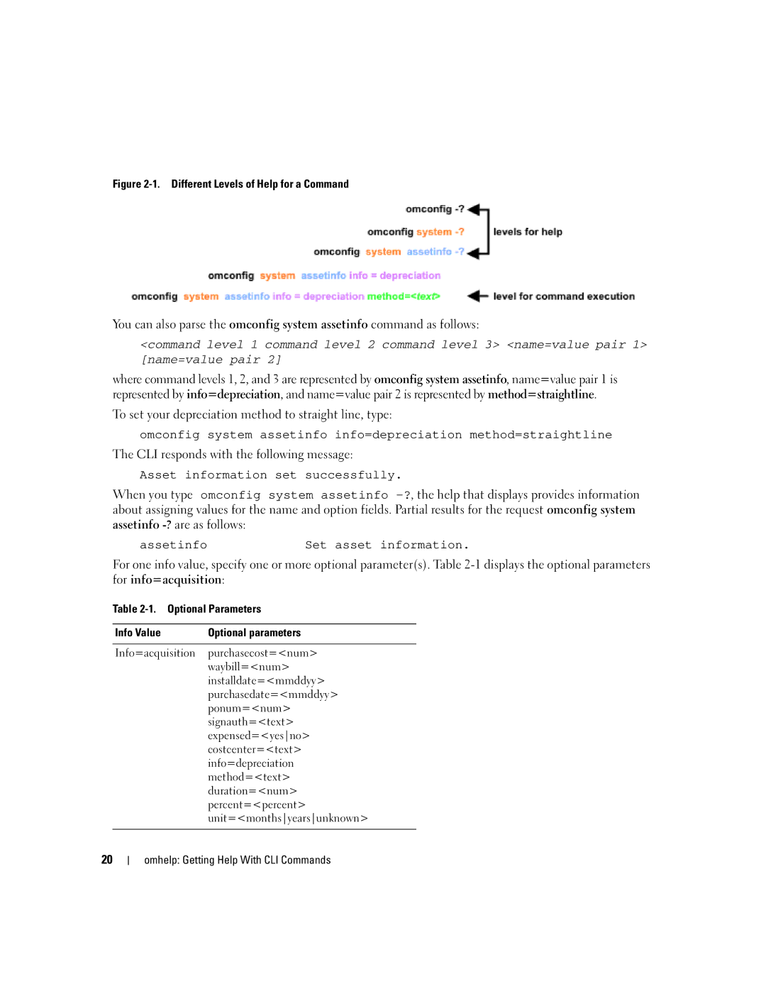 Dell Command Line Interface manual Different Levels of Help for a Command, Optional Parameters Info Value 