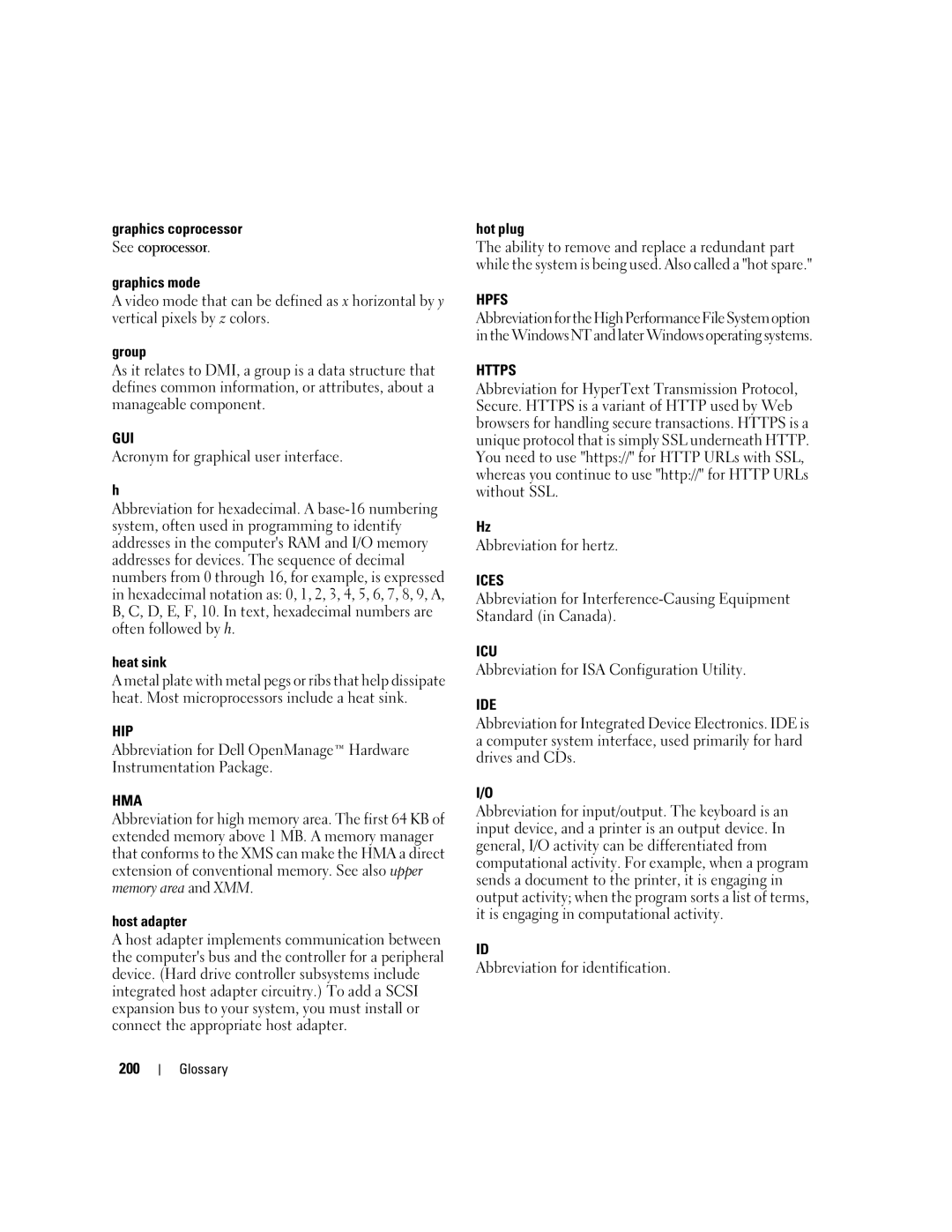 Dell Command Line Interface manual Gui, Hip, Hma, Hpfs, Https, Ices, Icu, Ide 