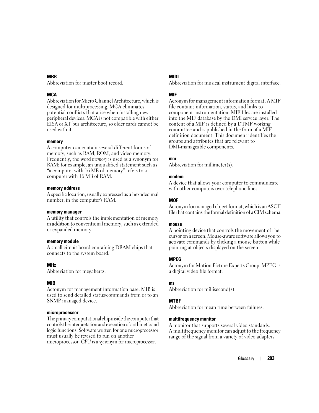 Dell Command Line Interface manual Mbr, Mca, Mib, Midi, Mif, Mof, Mpeg, Mtbf 