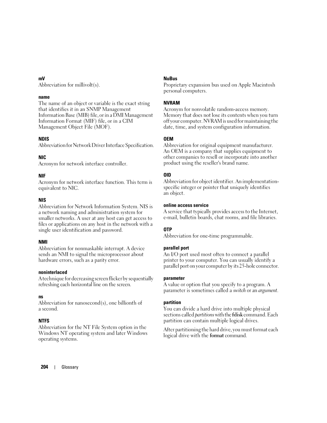 Dell Command Line Interface manual Ndis, Nic, Nif, Nis, Nmi, Ntfs, Nvram, Oem, Oid, Otp 