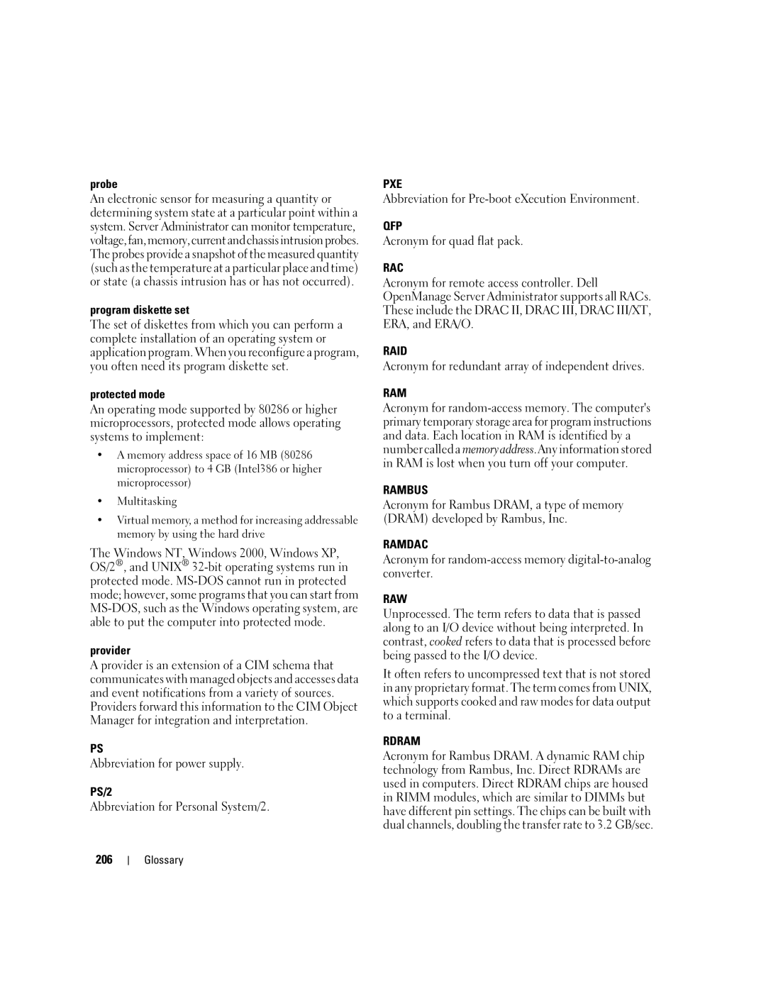 Dell Command Line Interface manual Pxe, Qfp, Rac, Raid, Rambus, Ramdac, Raw, Rdram 