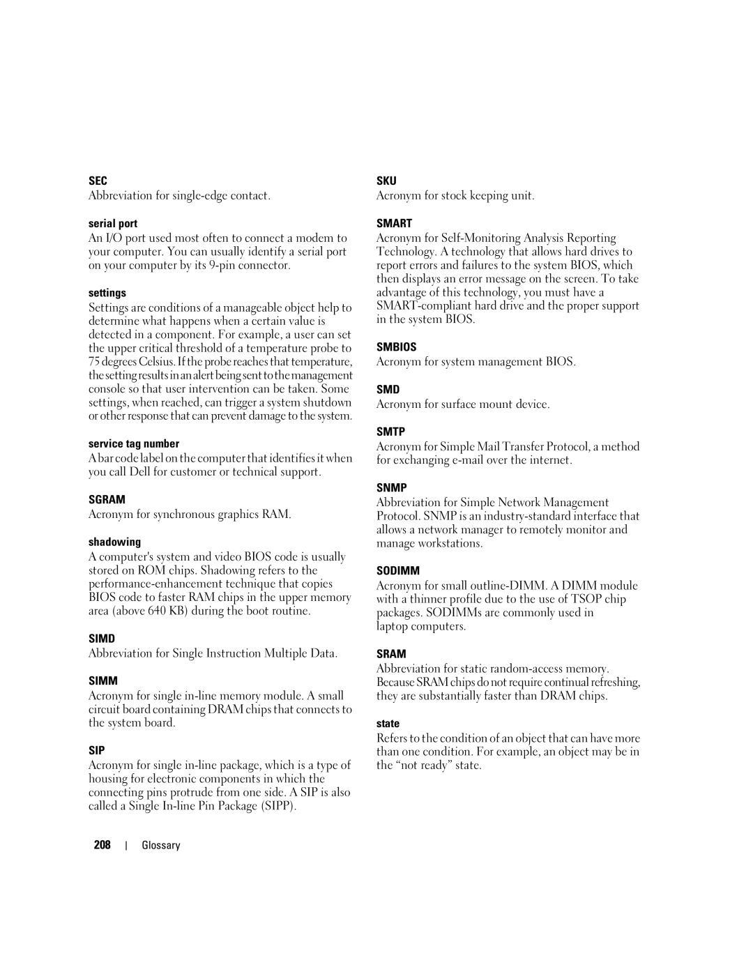 Dell Command Line Interface manual Sec, Sgram, Simd, Simm, Sip, Sku, Smart, Smbios, Smd, Smtp, Snmp, Sodimm, Sram 