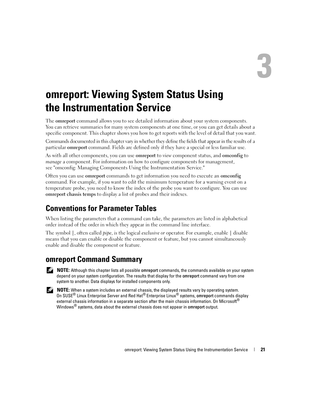 Dell Command Line Interface manual Conventions for Parameter Tables, Omreport Command Summary 