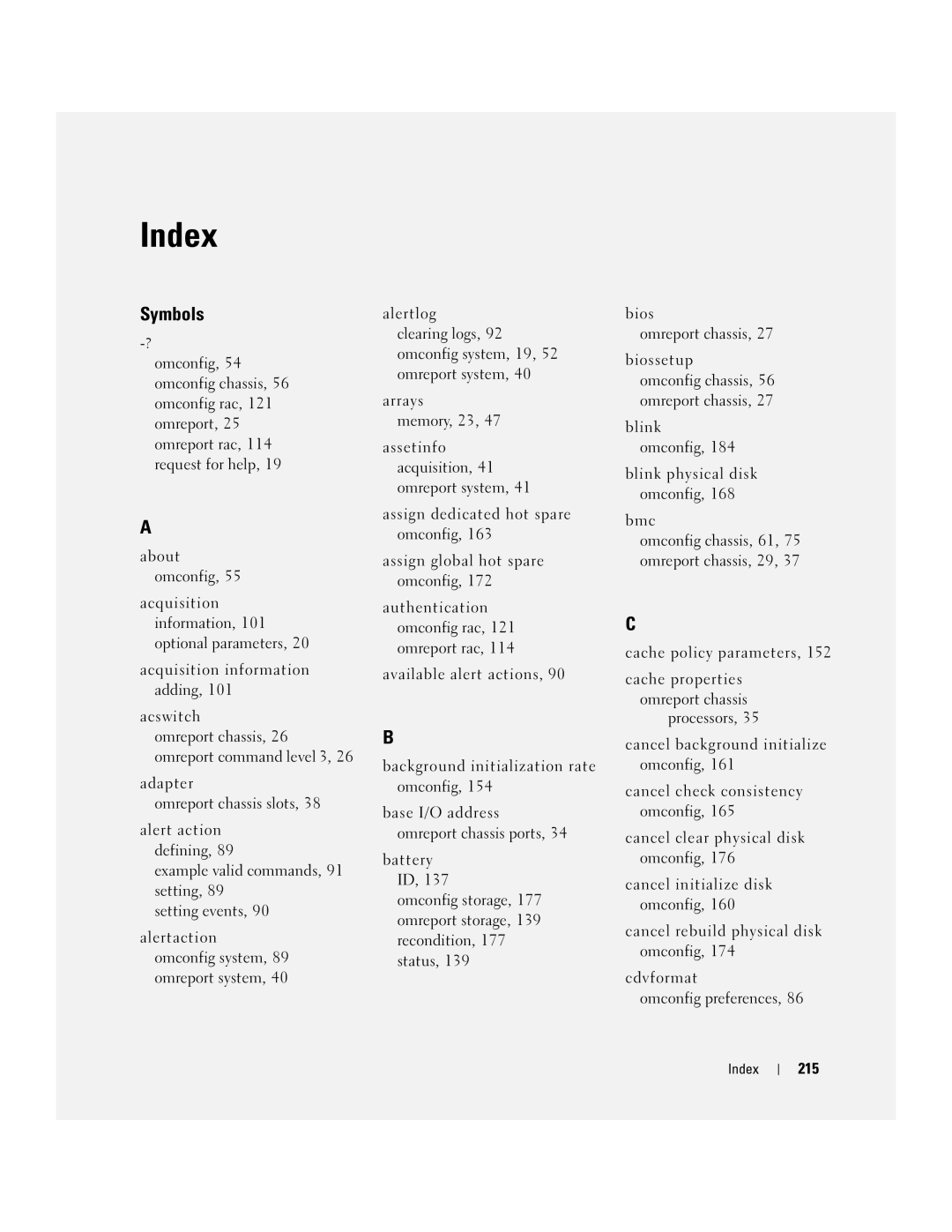 Dell Command Line Interface manual 215, Index 