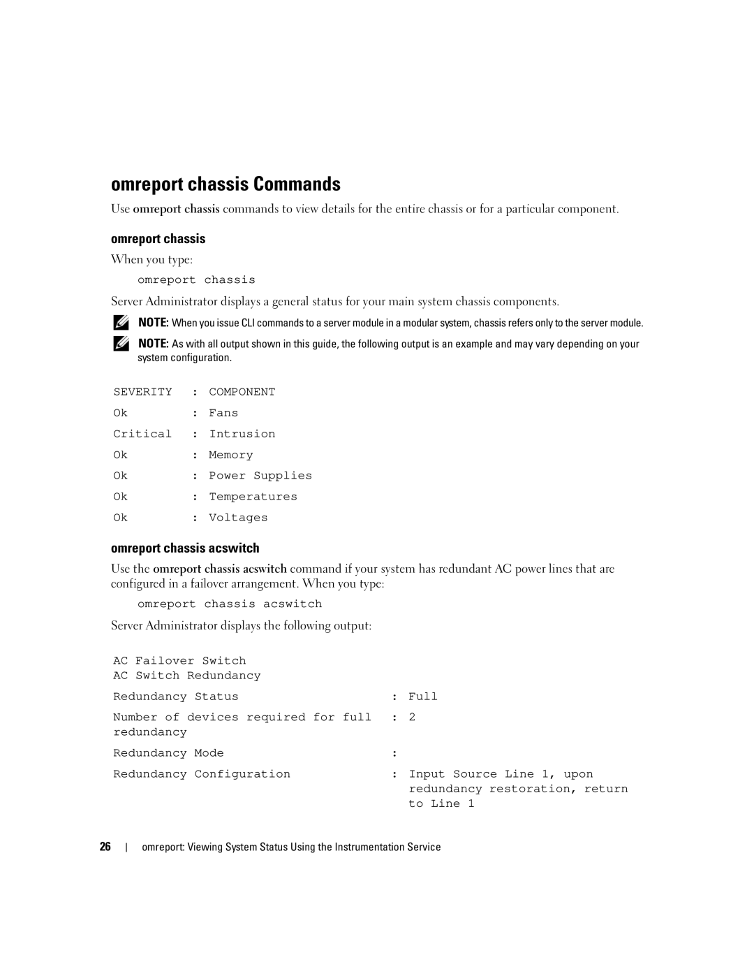 Dell Command Line Interface manual Omreport chassis Commands, Omreport chassis acswitch 