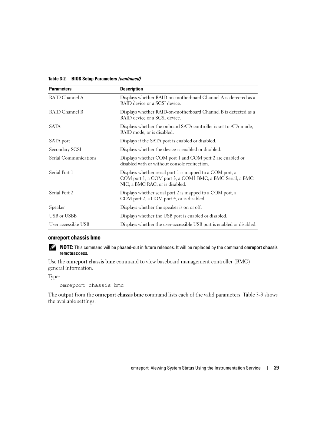 Dell Command Line Interface manual Omreport chassis bmc, Bios Setup Parameters Description RAID Channel a, RAID Channel B 