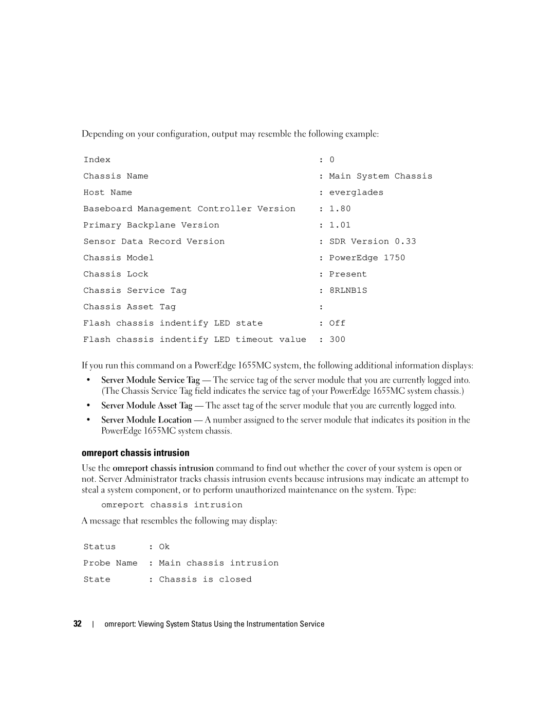 Dell Command Line Interface manual Omreport chassis intrusion, 8RLNB1S 