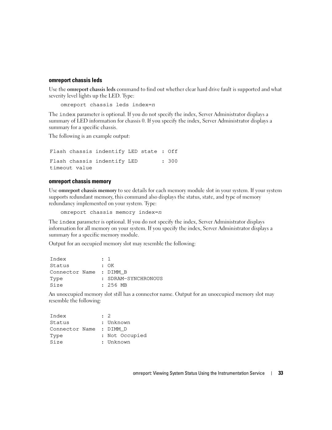 Dell Command Line Interface manual Omreport chassis leds, Omreport chassis memory 