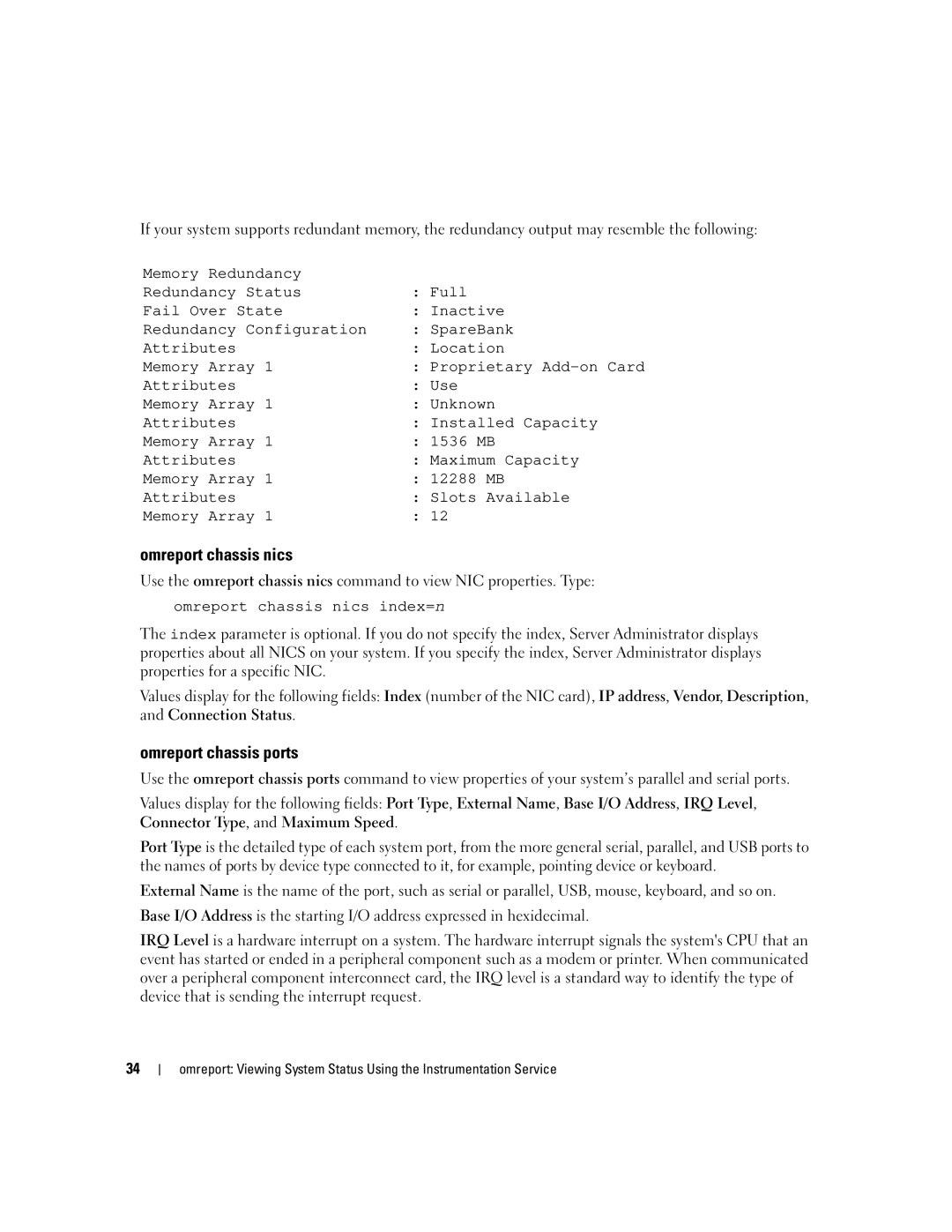 Dell Command Line Interface manual Omreport chassis nics, Omreport chassis ports 