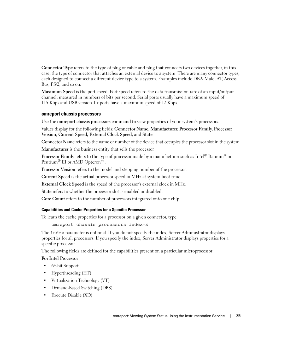 Dell Command Line Interface manual Omreport chassis processors, Capabilities and Cache Properties for a Specific Processor 