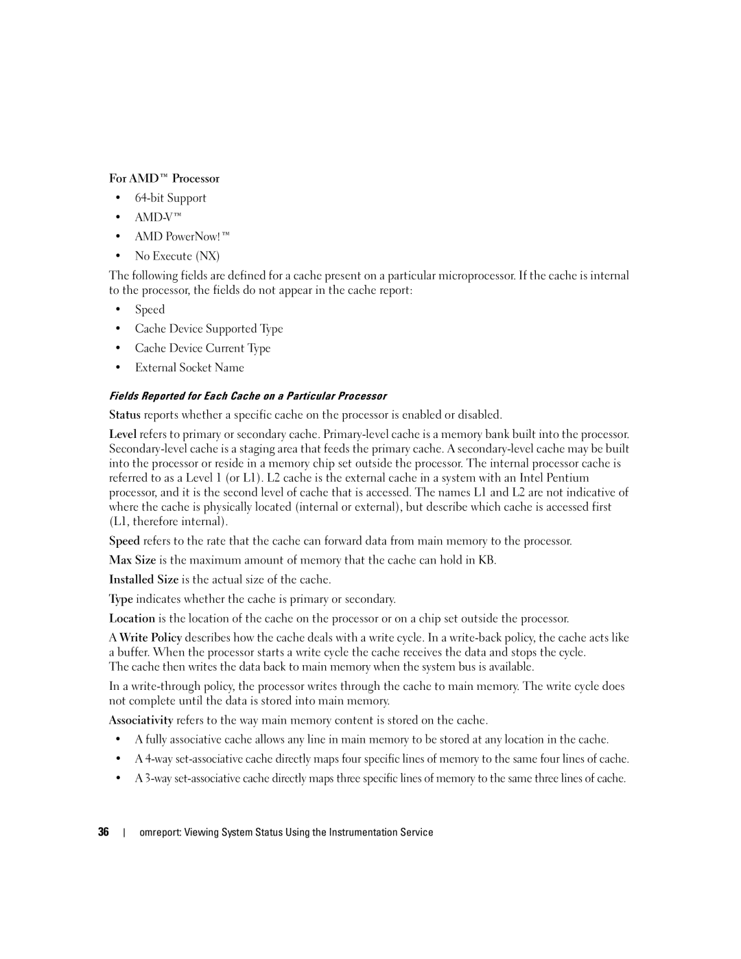 Dell Command Line Interface manual Fields Reported for Each Cache on a Particular Processor 