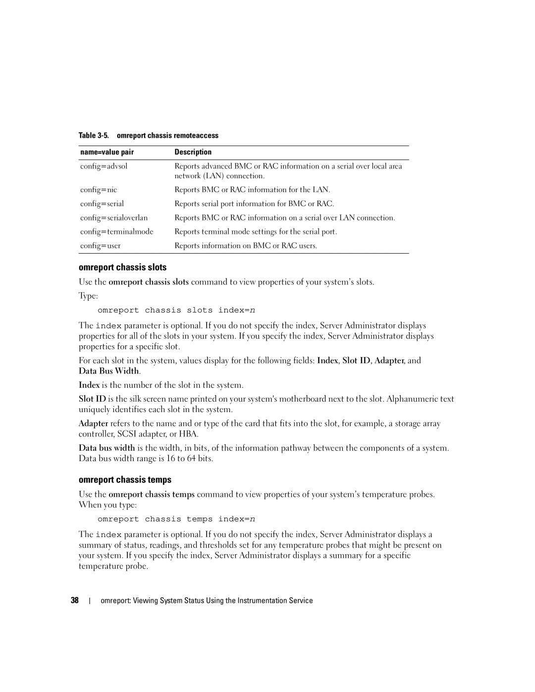 Dell Command Line Interface manual Omreport chassis slots, Omreport chassis temps, Network LAN connection 