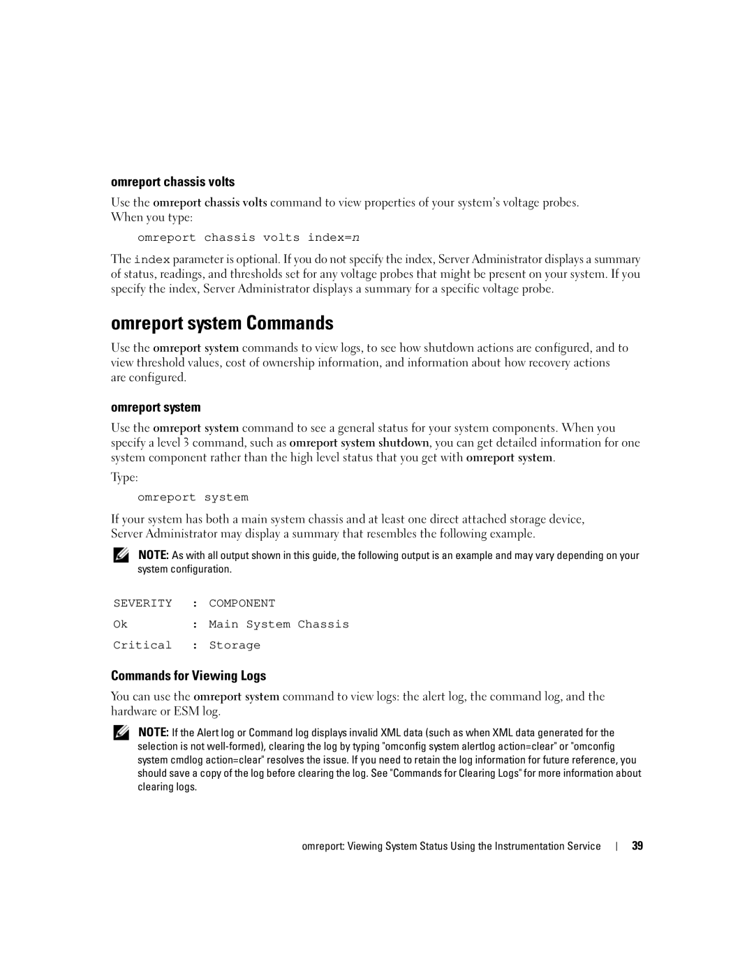 Dell Command Line Interface manual Omreport system Commands, Omreport chassis volts, Commands for Viewing Logs 