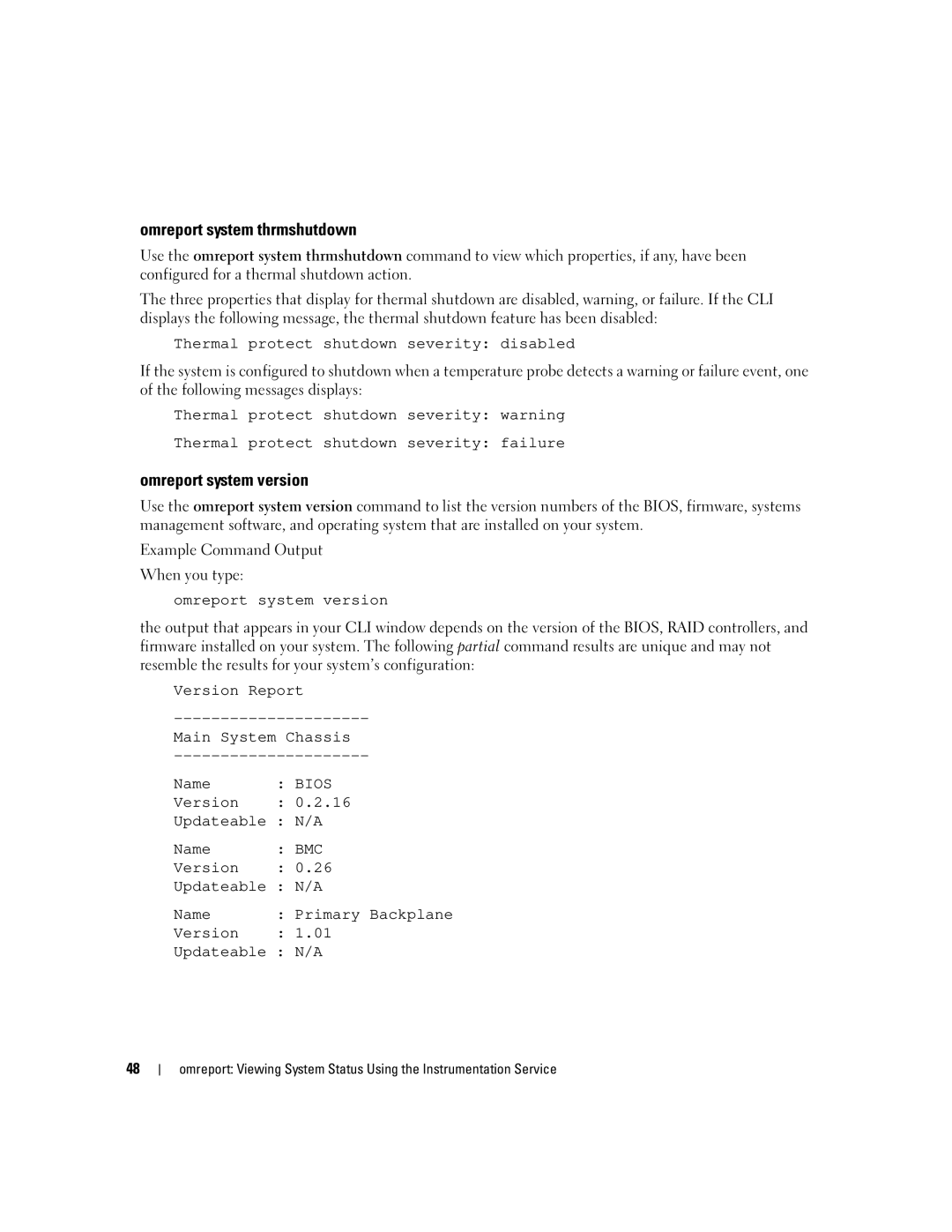 Dell Command Line Interface manual Omreport system thrmshutdown, Omreport system version 