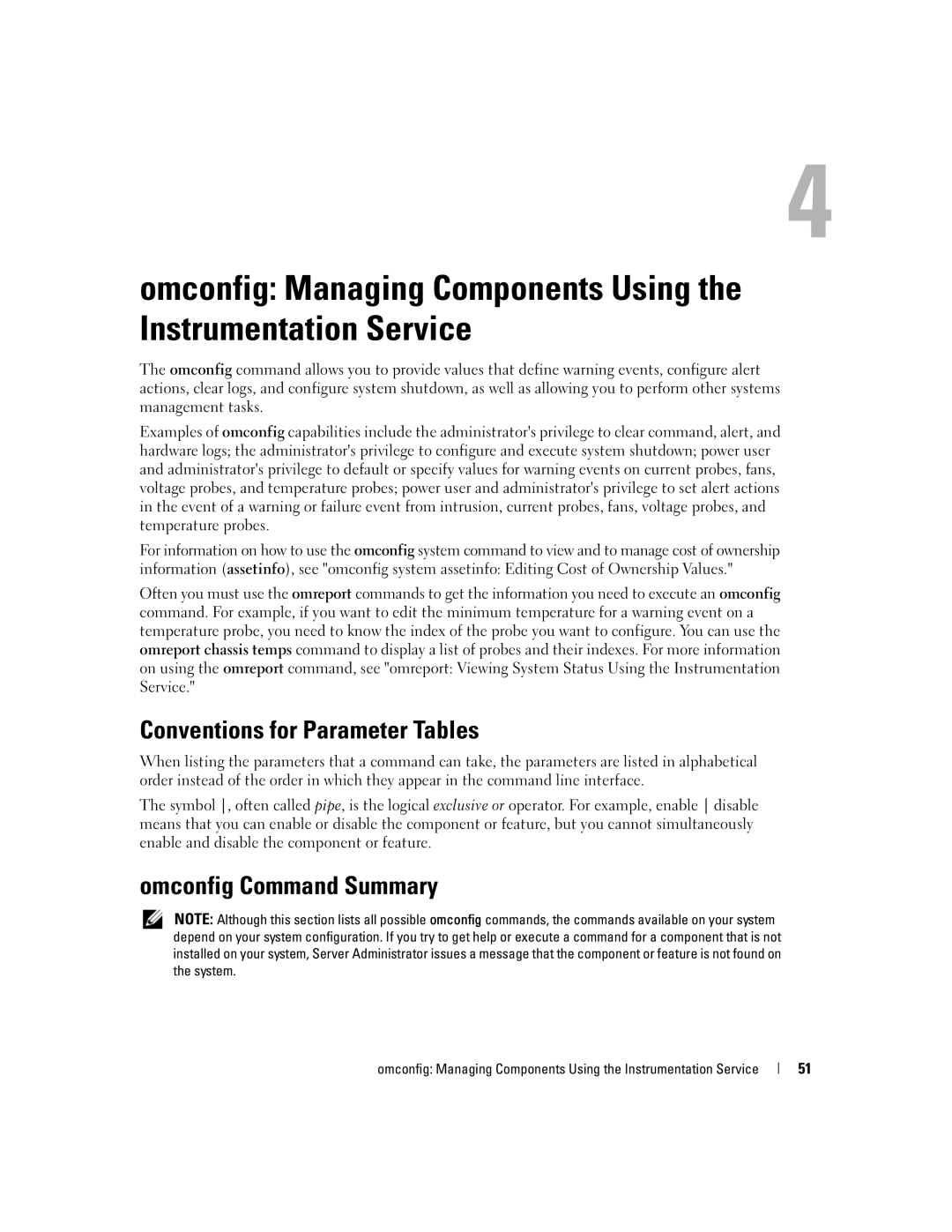 Dell Command Line Interface manual Conventions for Parameter Tables, Omconfig Command Summary 