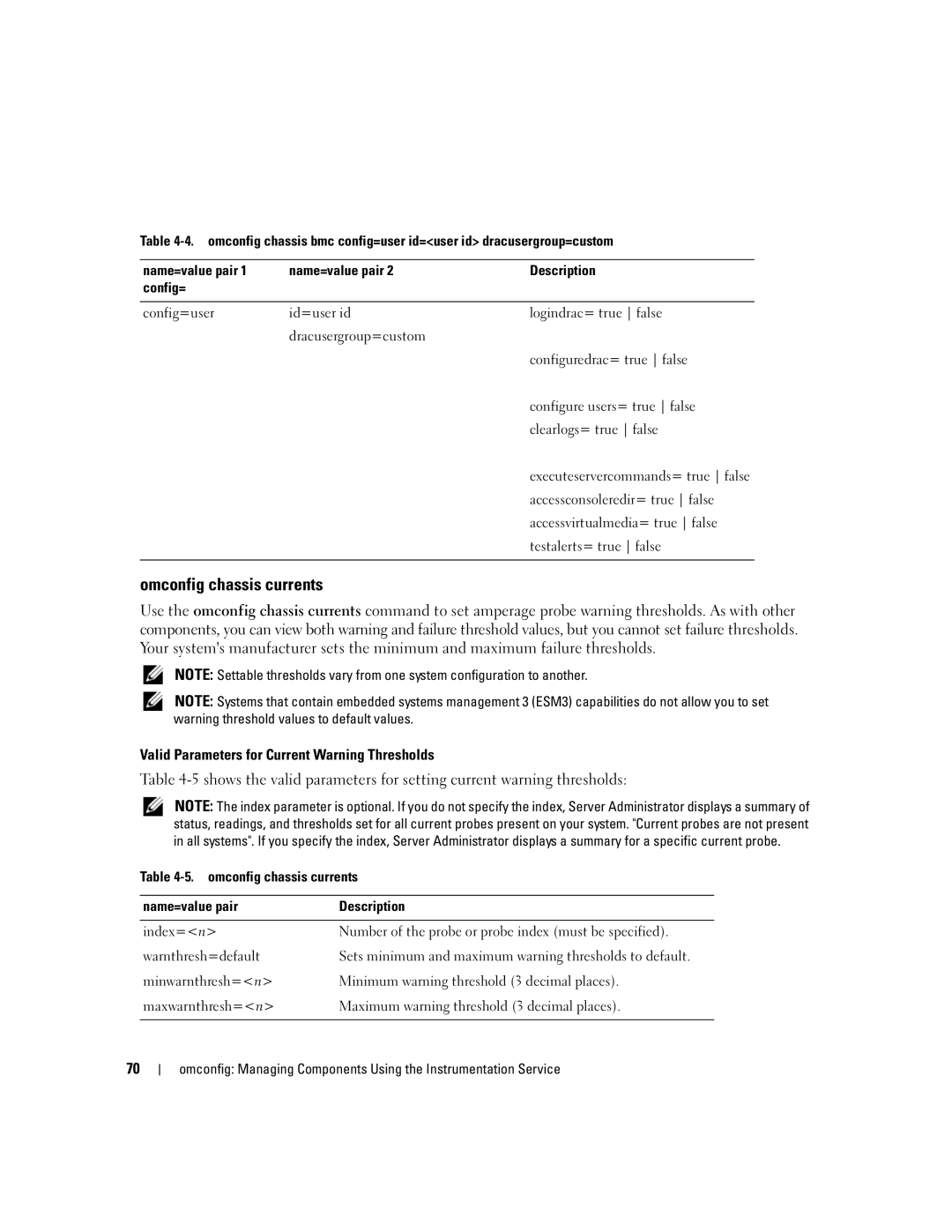 Dell Command Line Interface manual Omconfig chassis currents, Valid Parameters for Current Warning Thresholds 