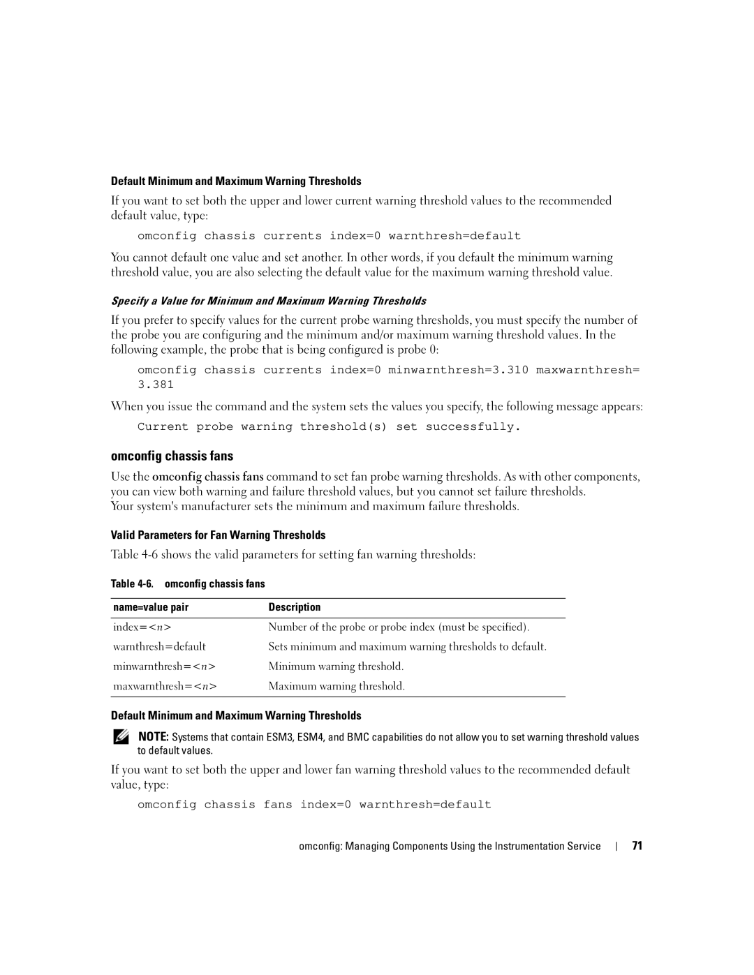 Dell Command Line Interface manual Omconfig chassis fans, Default Minimum and Maximum Warning Thresholds 