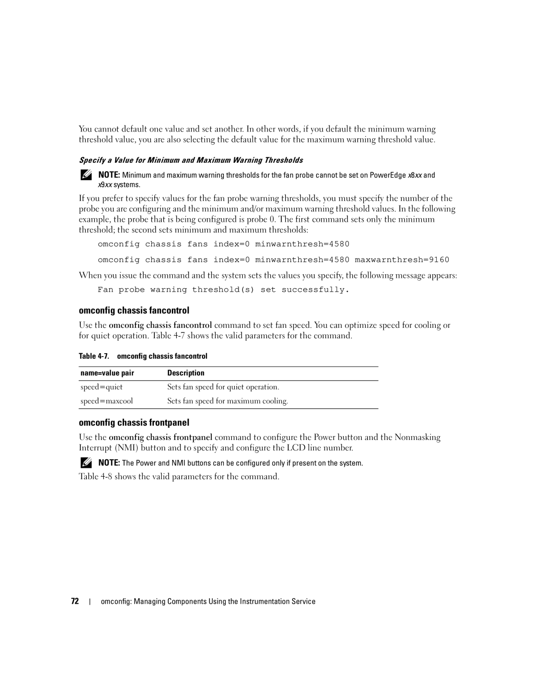 Dell Command Line Interface manual Omconfig chassis fancontrol, Omconfig chassis frontpanel 