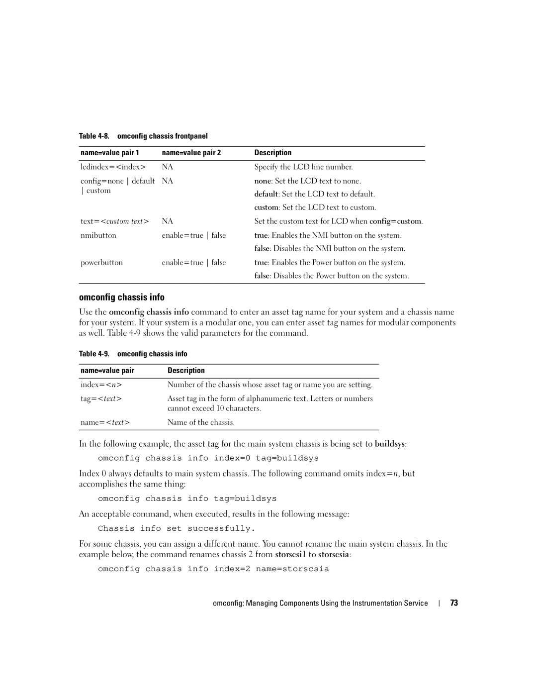 Dell Command Line Interface manual Omconfig chassis info Name=value pair Description Index=n, Tag=text 