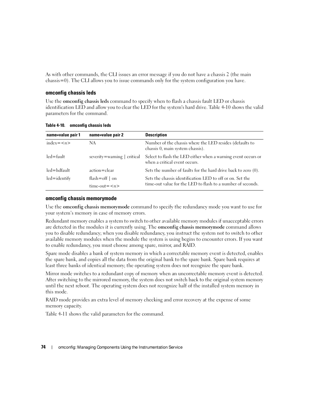 Dell Command Line Interface manual Omconfig chassis leds, Omconfig chassis memorymode, Chassis 0, main system chassis 