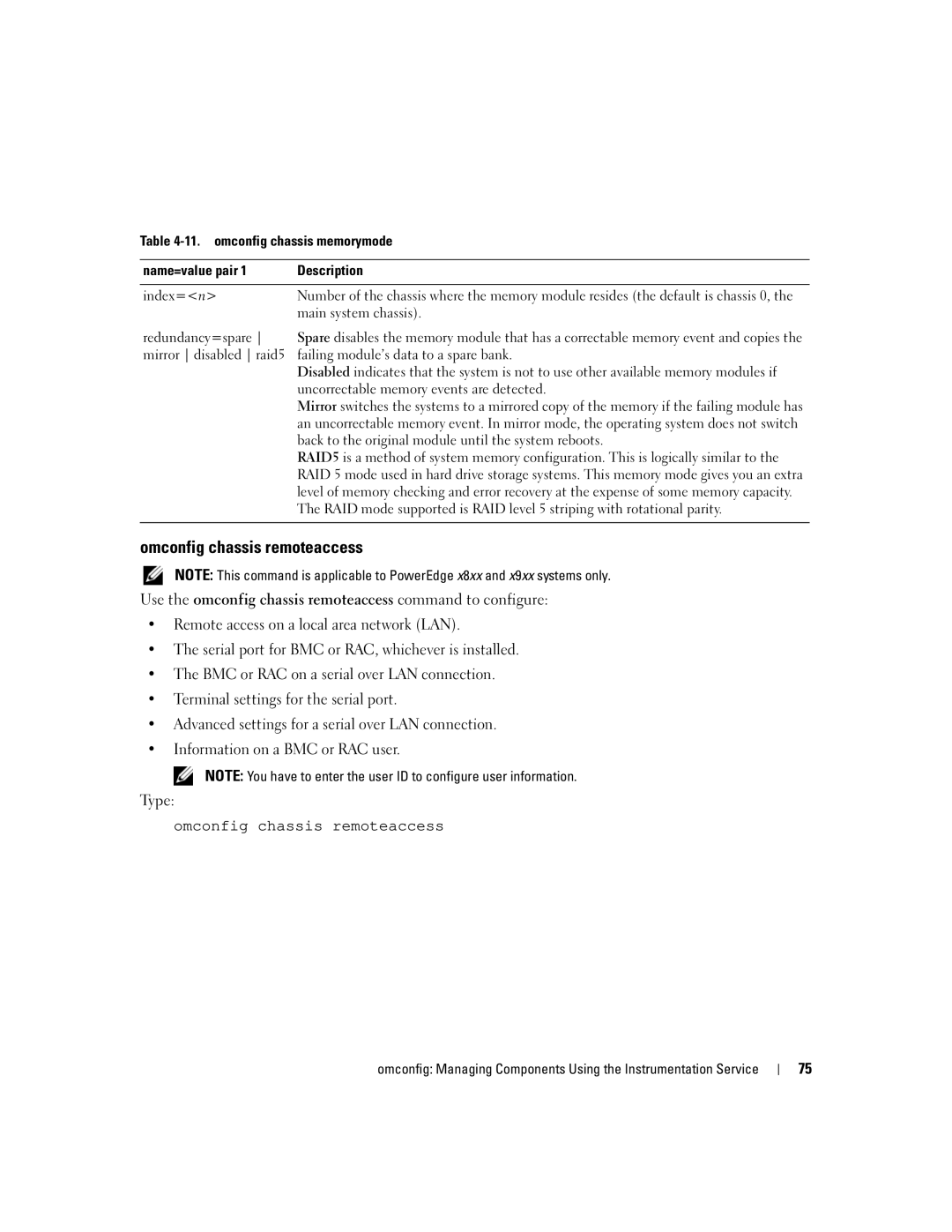 Dell Command Line Interface manual Omconfig chassis remoteaccess, Main system chassis 