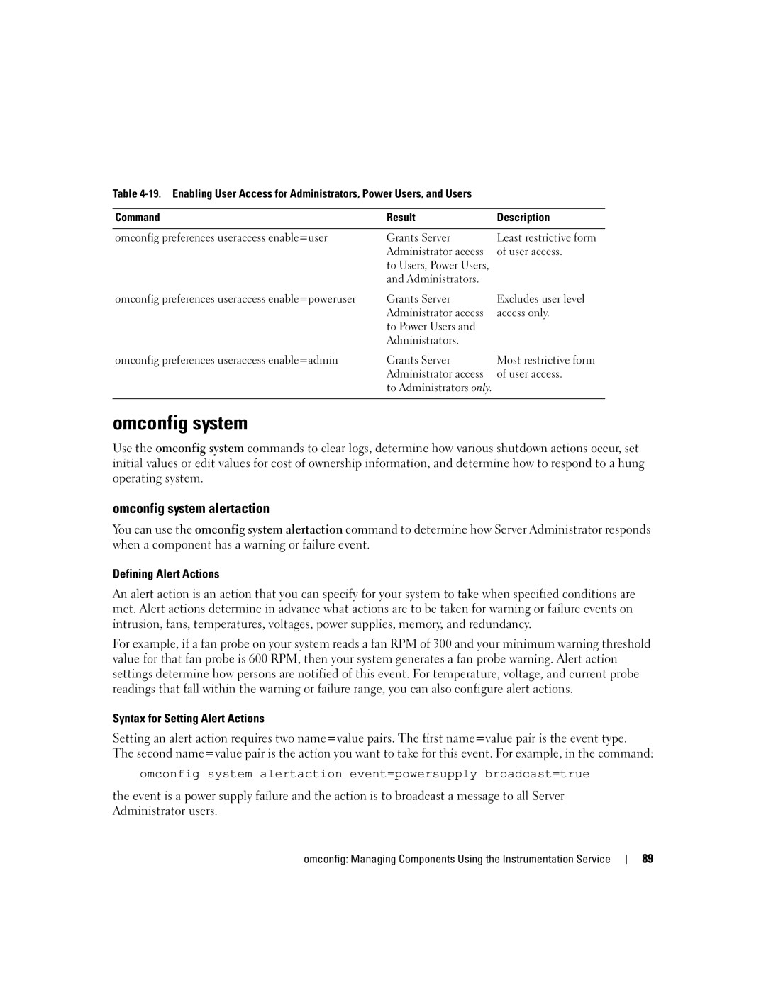 Dell Command Line Interface Omconfig system alertaction, Defining Alert Actions, Syntax for Setting Alert Actions 