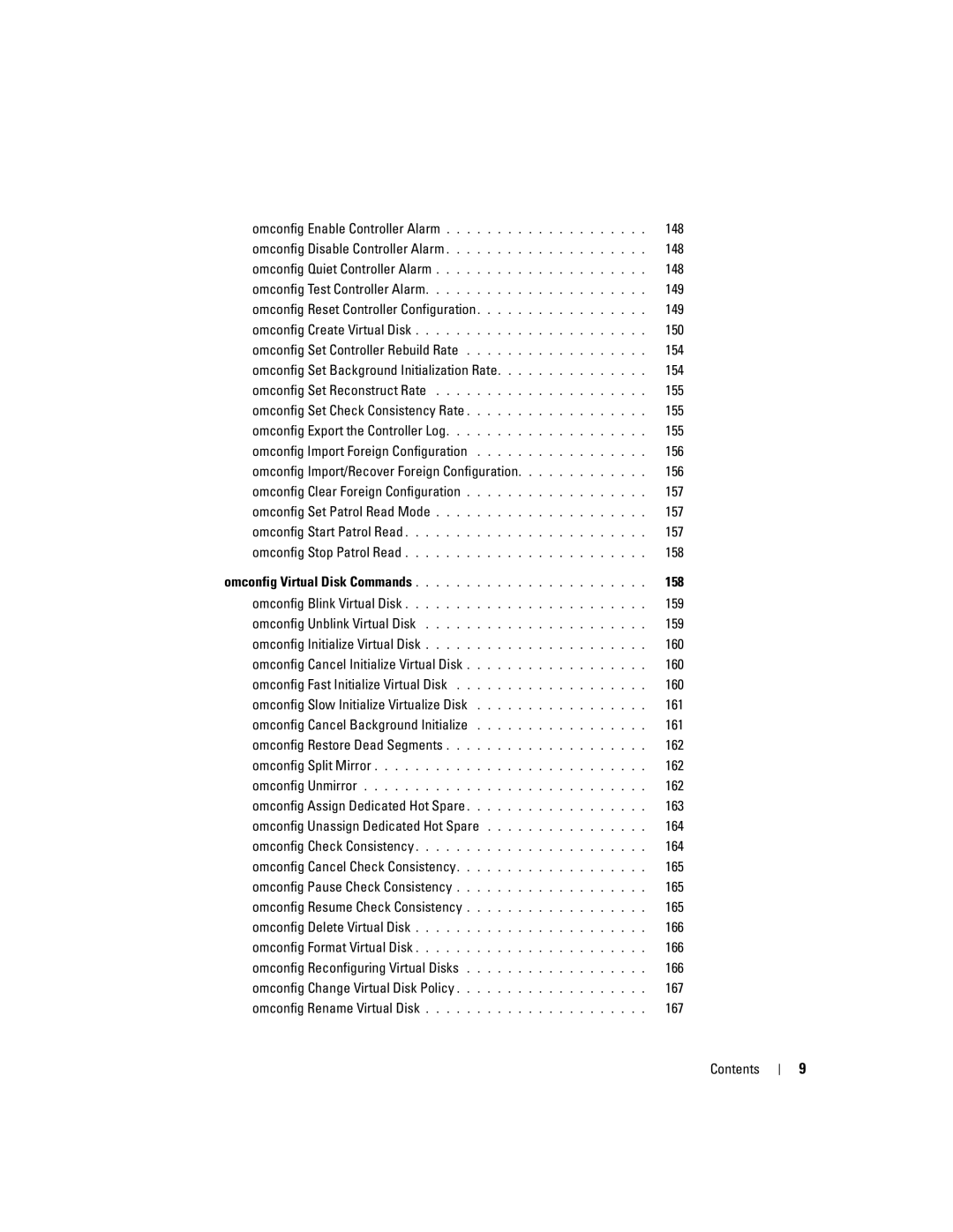 Dell Command Line Interface 148, Omconfig Reset Controller Configuration 149, 150, 155, 158, 159, 160, 162, 165, 166 