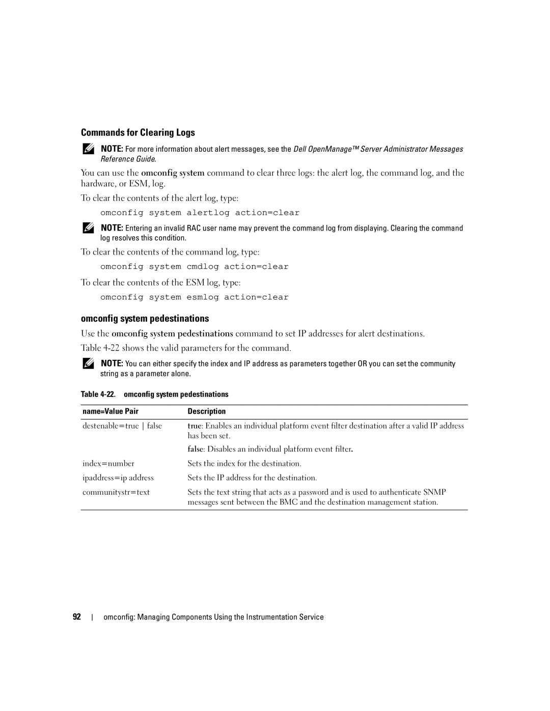 Dell Command Line Interface manual Commands for Clearing Logs, Omconfig system pedestinations, Has been set 