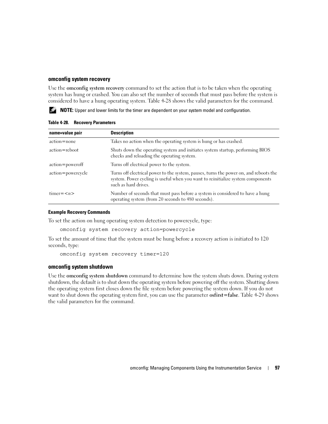 Dell Command Line Interface manual Omconfig system recovery, Omconfig system shutdown, Example Recovery Commands 