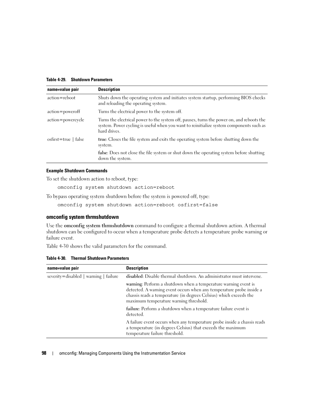 Dell Command Line Interface manual Omconfig system thrmshutdown, Example Shutdown Commands 