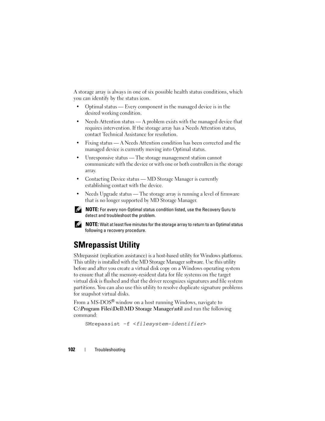 Dell Computer Drive manual SMrepassist Utility, 102 