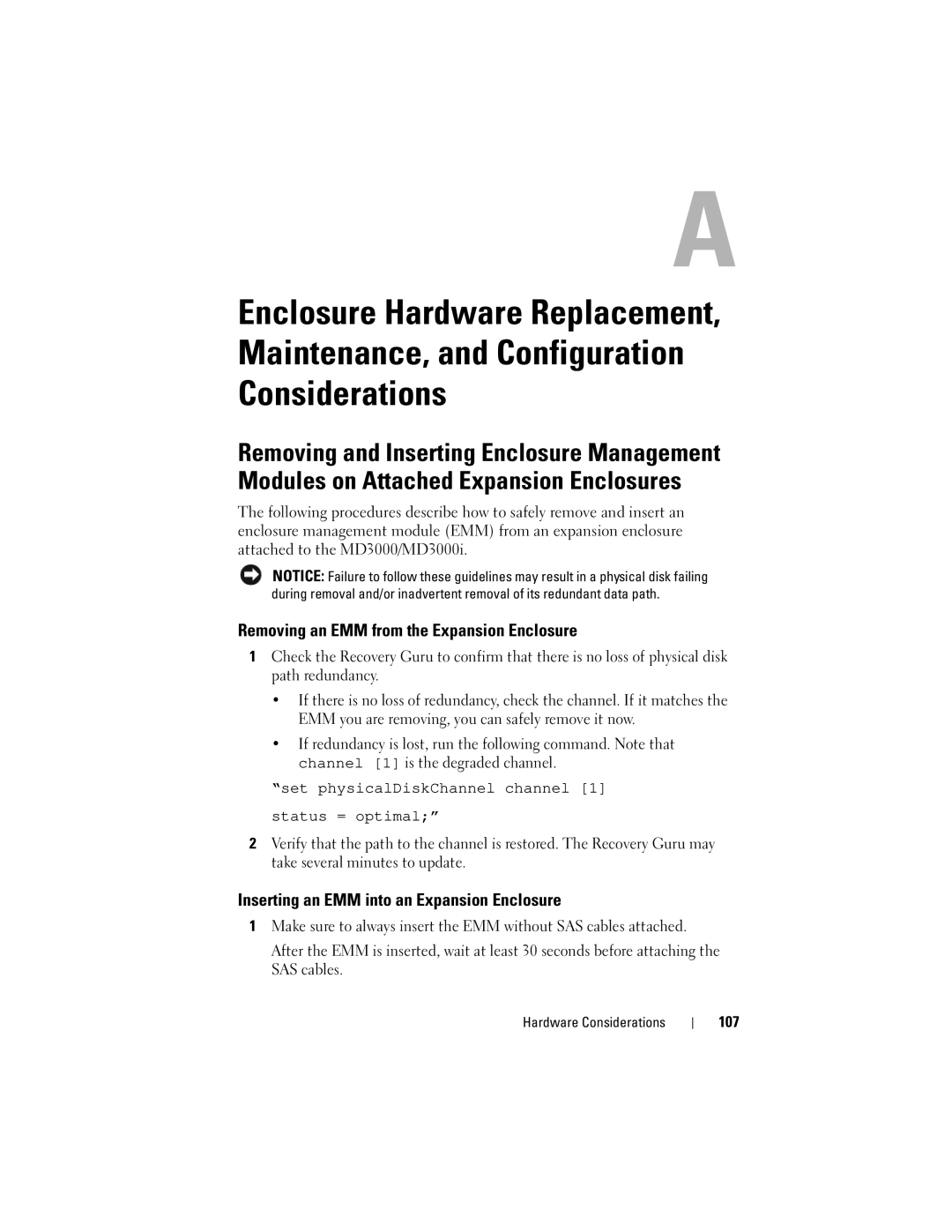 Dell Computer Drive manual Removing an EMM from the Expansion Enclosure, Inserting an EMM into an Expansion Enclosure, 107 